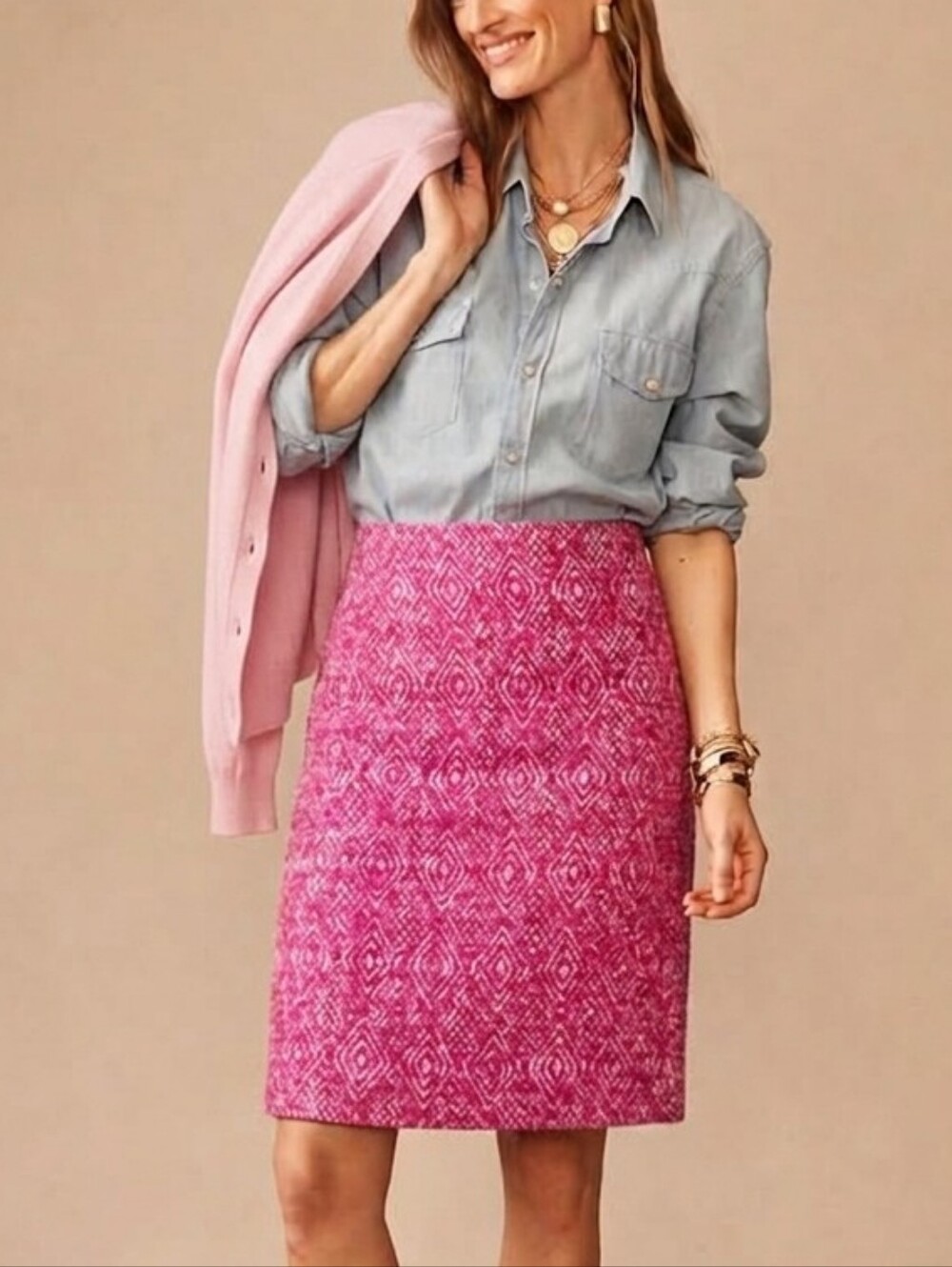 J. Crew No. 2 Pencil Skirt Fuschia Pink Tweed Wool Business Casual Preppy
